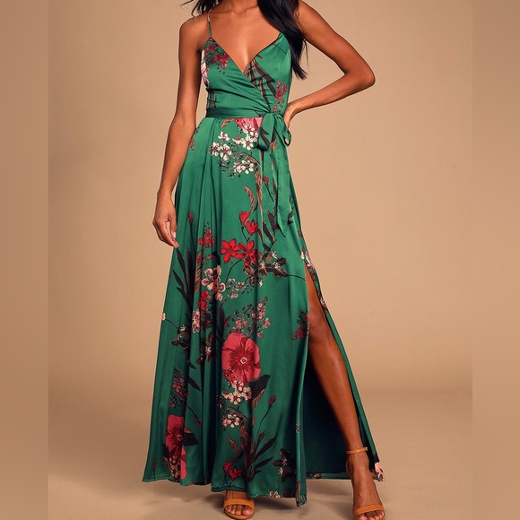Lulus Dresses & Skirts - Green Floral Print Satin Maxi Dress - Lulus - XS - NWT